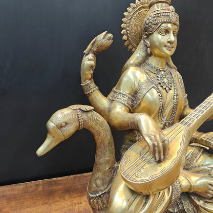 Brass Large Saraswati Statue On Swan Playing Veena 2 Feet by vendor-unknown - Hindu Gods (View 5)