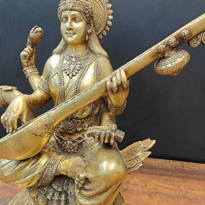 Brass Large Saraswati Statue On Swan Playing Veena 2 Feet by vendor-unknown - Hindu Gods (View 6)