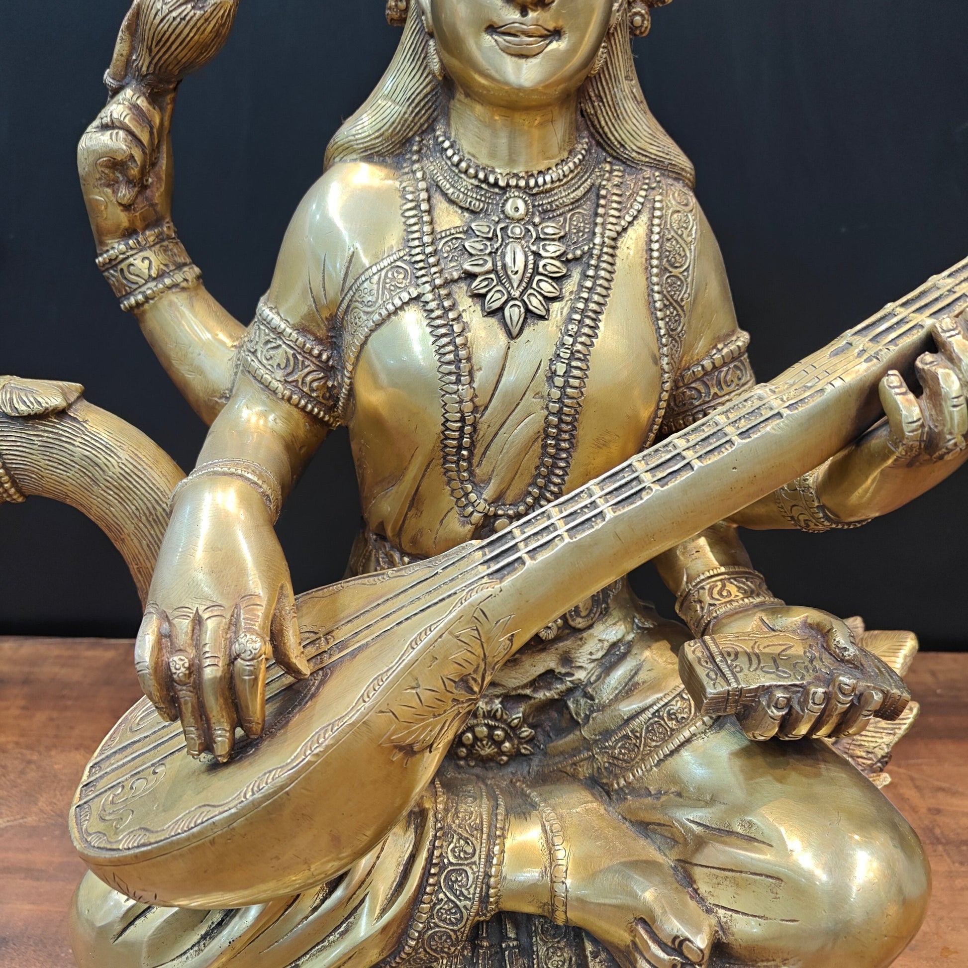 Brass Large Saraswati Statue On Swan Playing Veena 2 Feet - Image 7