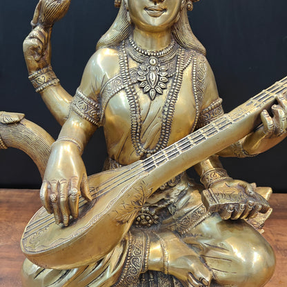 Brass Large Saraswati Statue On Swan Playing Veena 2 Feet by vendor-unknown - Hindu Gods (View 7)