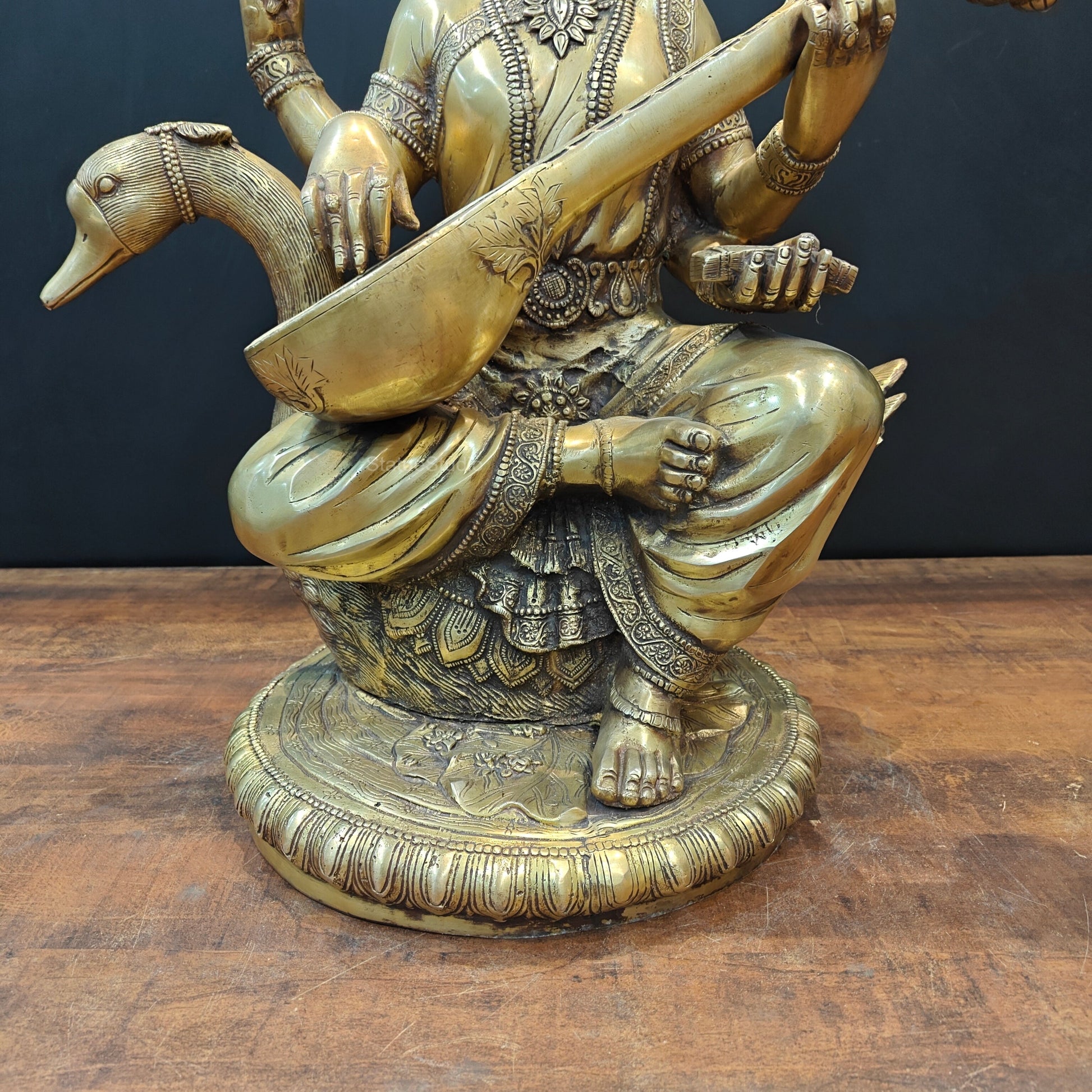 Brass Large Saraswati Statue On Swan Playing Veena 2 Feet - Image 8