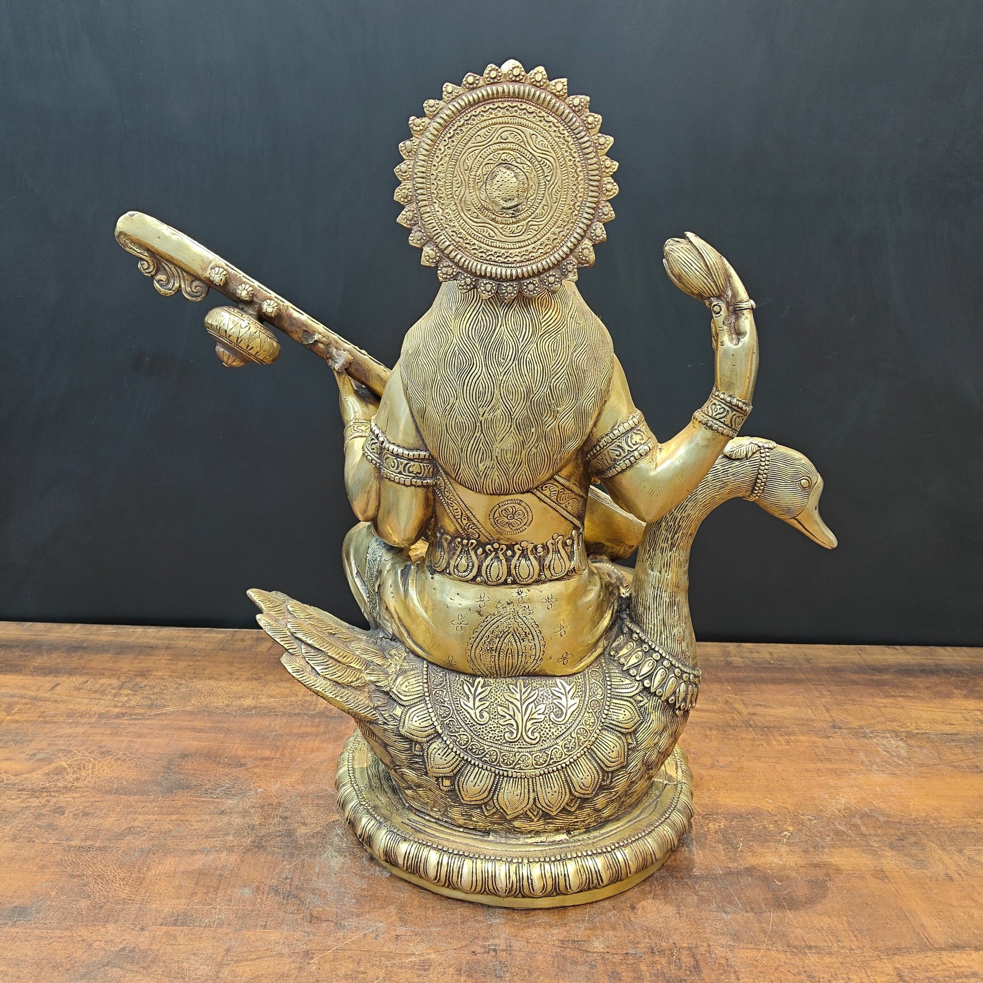 Brass Large Saraswati Statue On Swan Playing Veena 2 Feet - Image 9