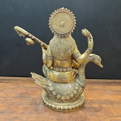 Brass Large Saraswati Statue On Swan Playing Veena 2 Feet by vendor-unknown - Hindu Gods (View 9)