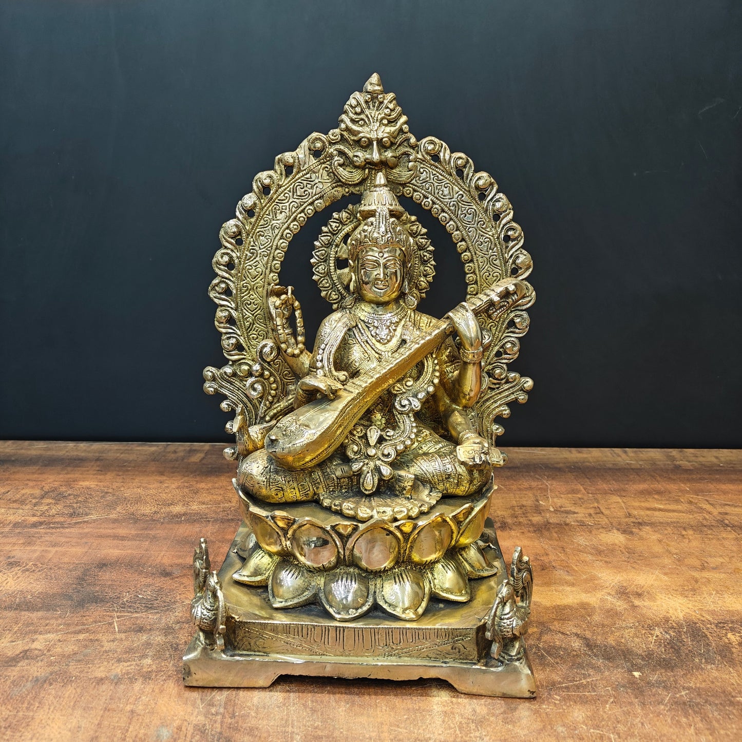 Brass Goddess Saraswati Idol Sitting On Lotus Pedastal 16 Inches