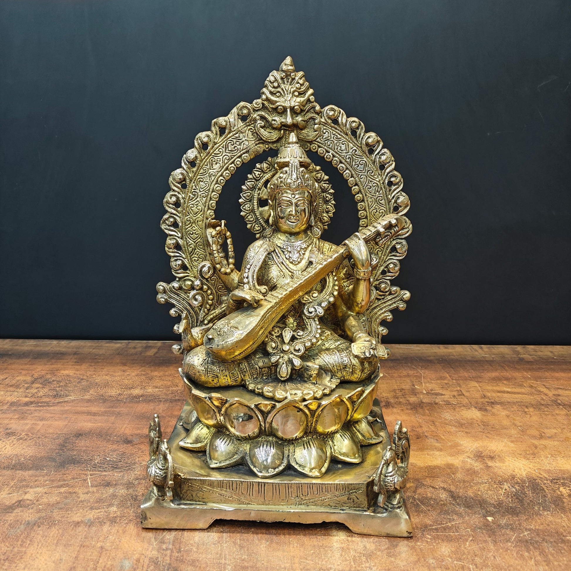 Brass Goddess Saraswati Idol Sitting On Lotus Pedastal 16 Inches - Image 4