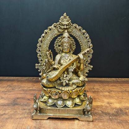 Brass Goddess Saraswati Idol Sitting On Lotus Pedastal 16 Inches by vendor-unknown - Hindu Gods (View 4)