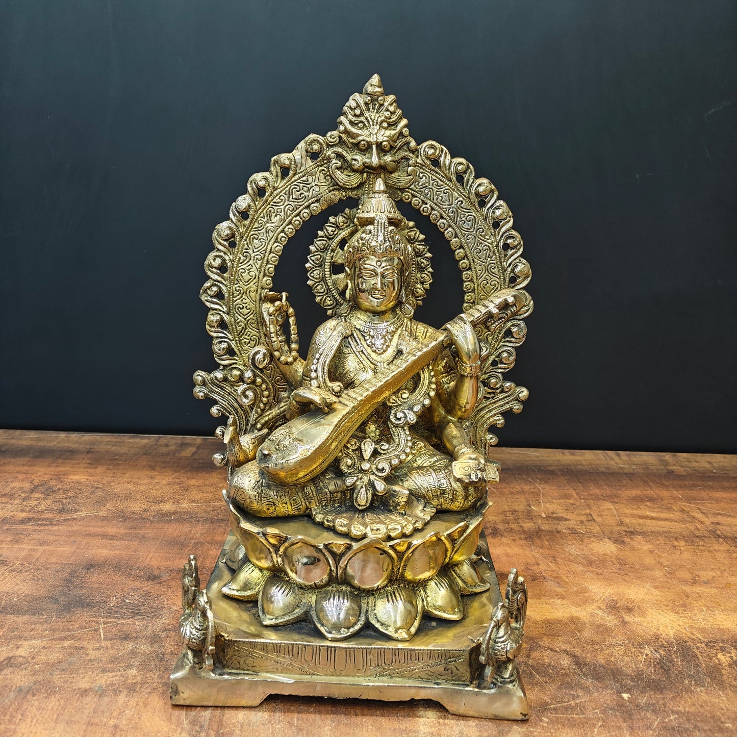 Brass Goddess Saraswati Idol Sitting On Lotus Pedastal 16 Inches