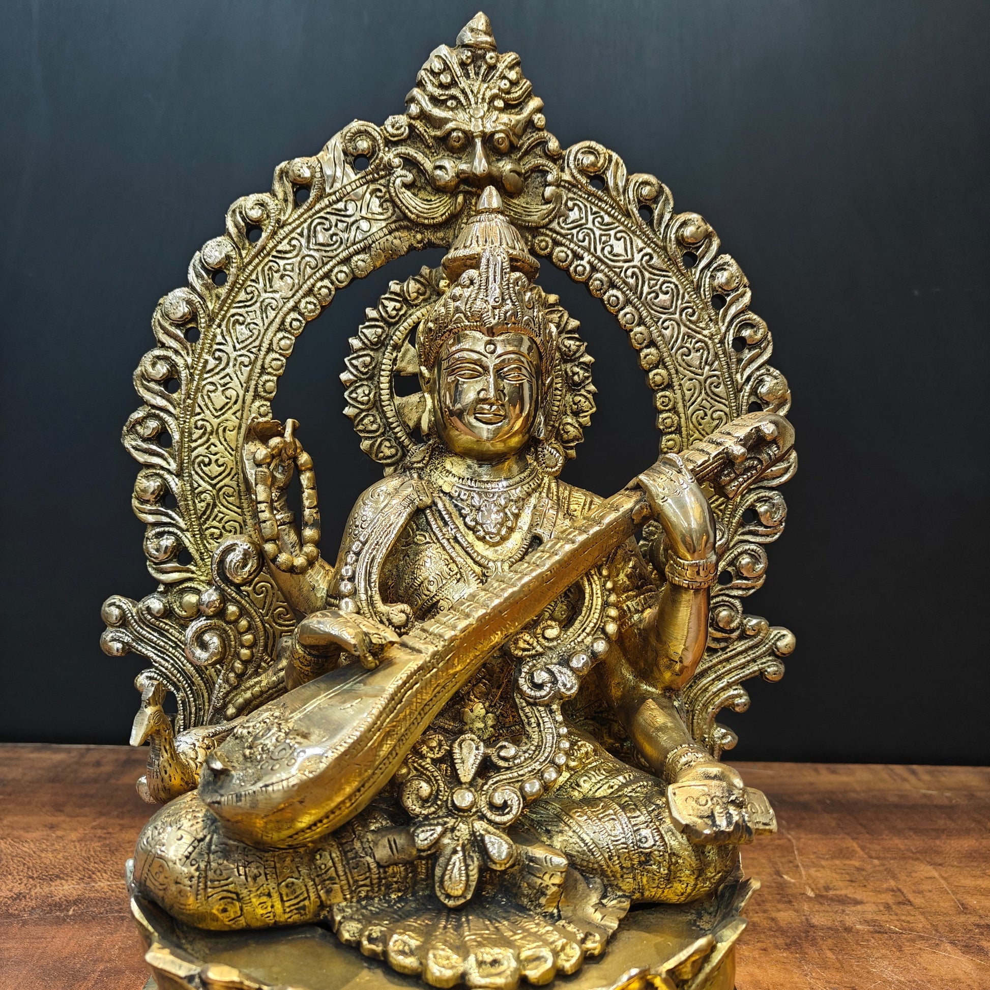 Brass Goddess Saraswati Idol Sitting On Lotus Pedastal 16 Inches - Image 5