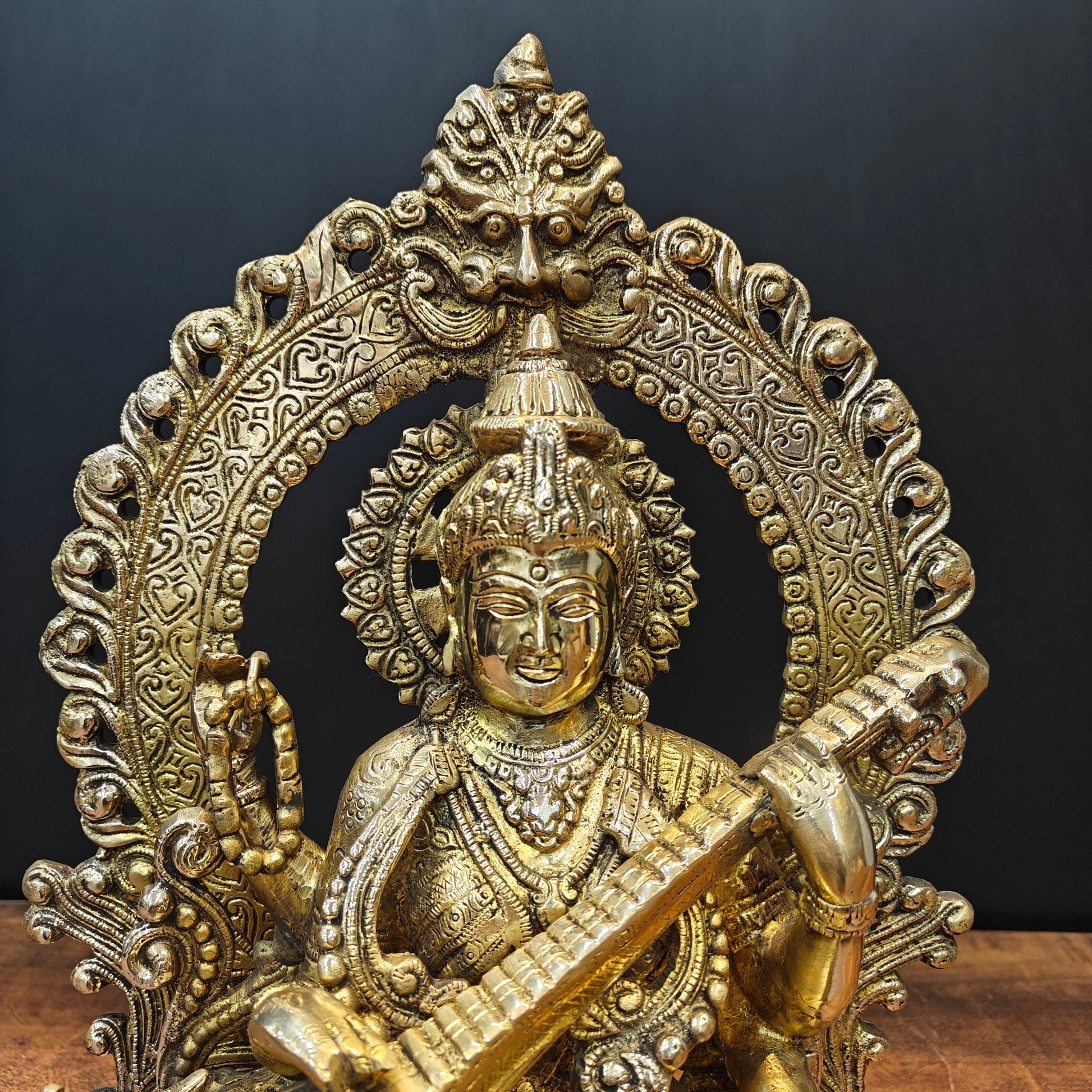 Brass Goddess Saraswati Idol Sitting On Lotus Pedastal 16 Inches - Image 2