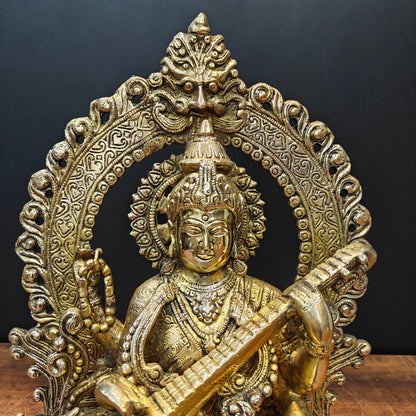 Brass Goddess Saraswati Idol Sitting On Lotus Pedastal 16 Inches by vendor-unknown - Hindu Gods (View 2)