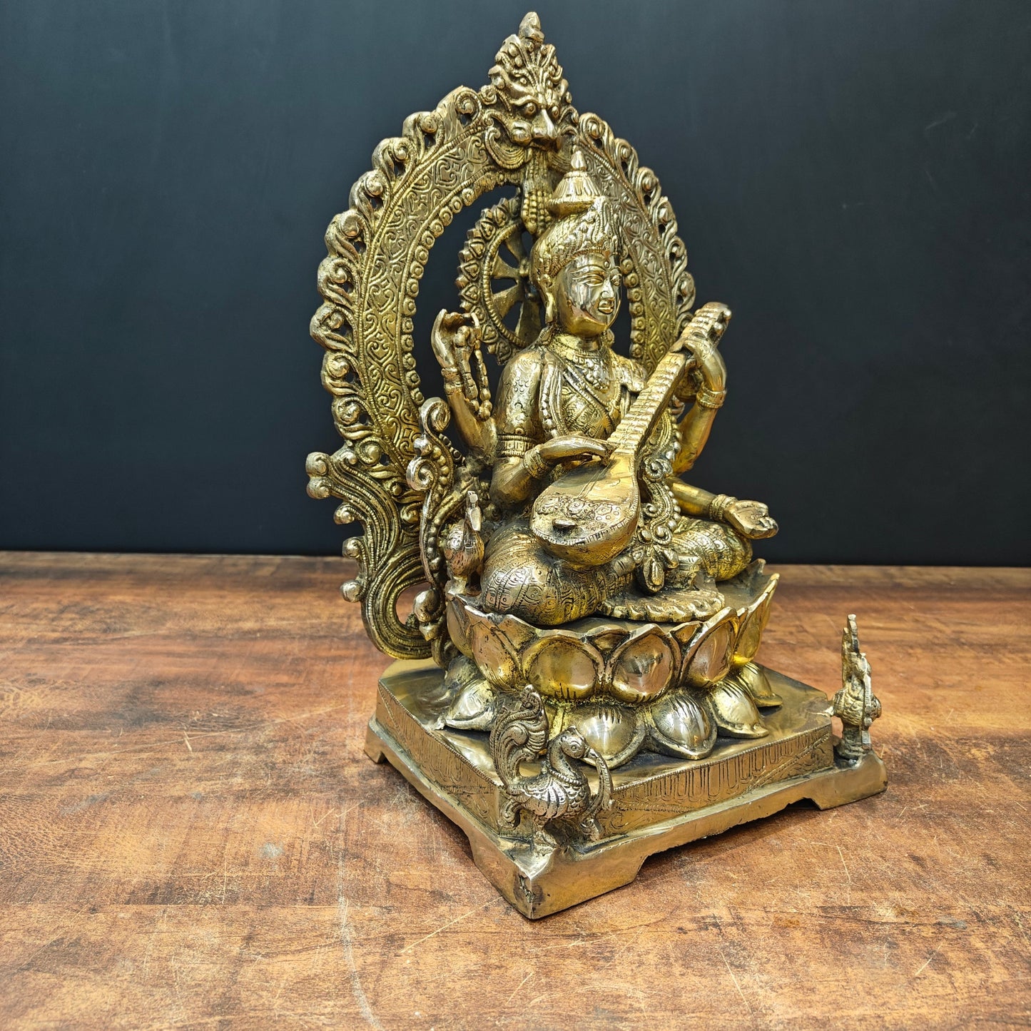 Brass Goddess Saraswati Idol Sitting On Lotus Pedastal 16 Inches