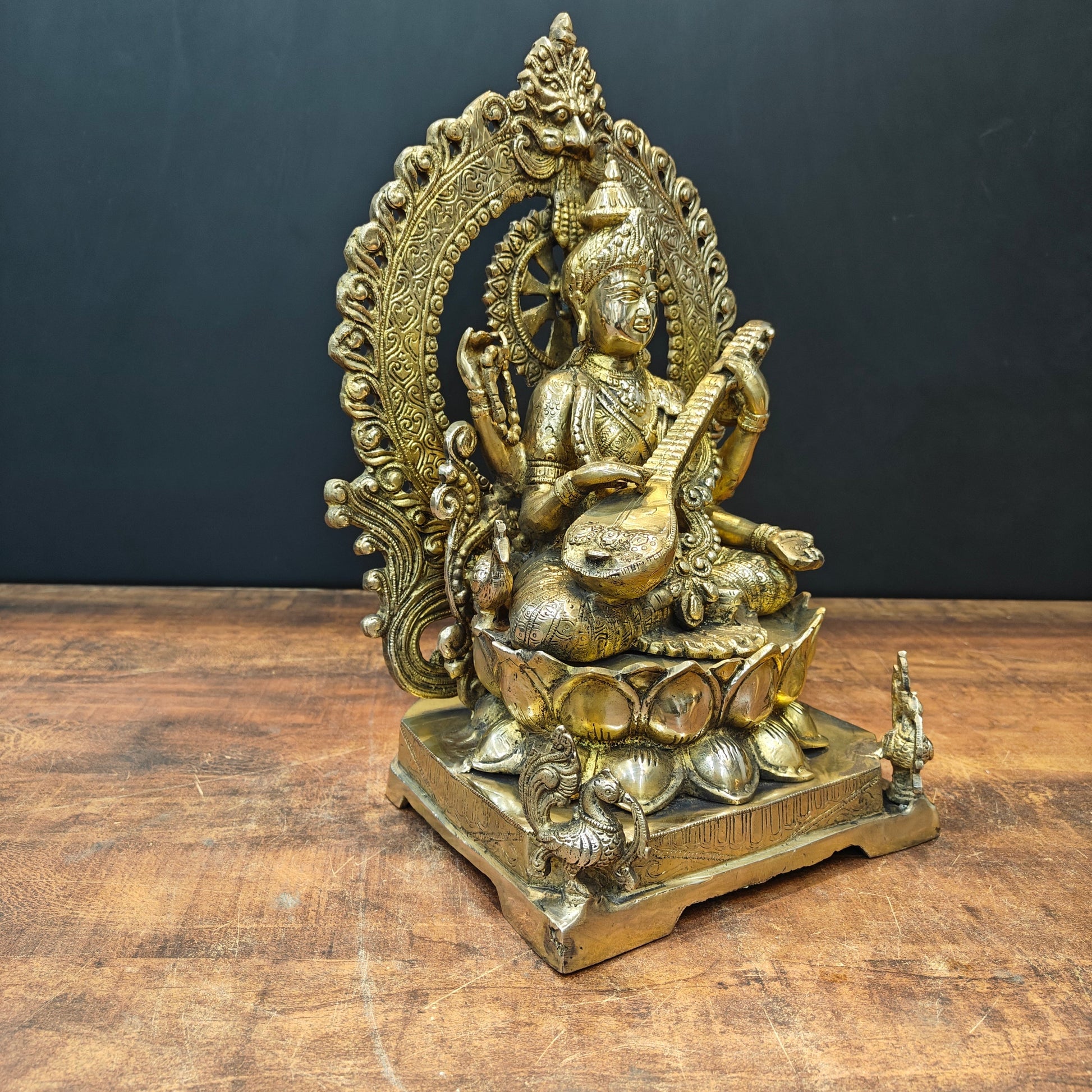 Brass Goddess Saraswati Idol Sitting On Lotus Pedastal 16 Inches - Image 6