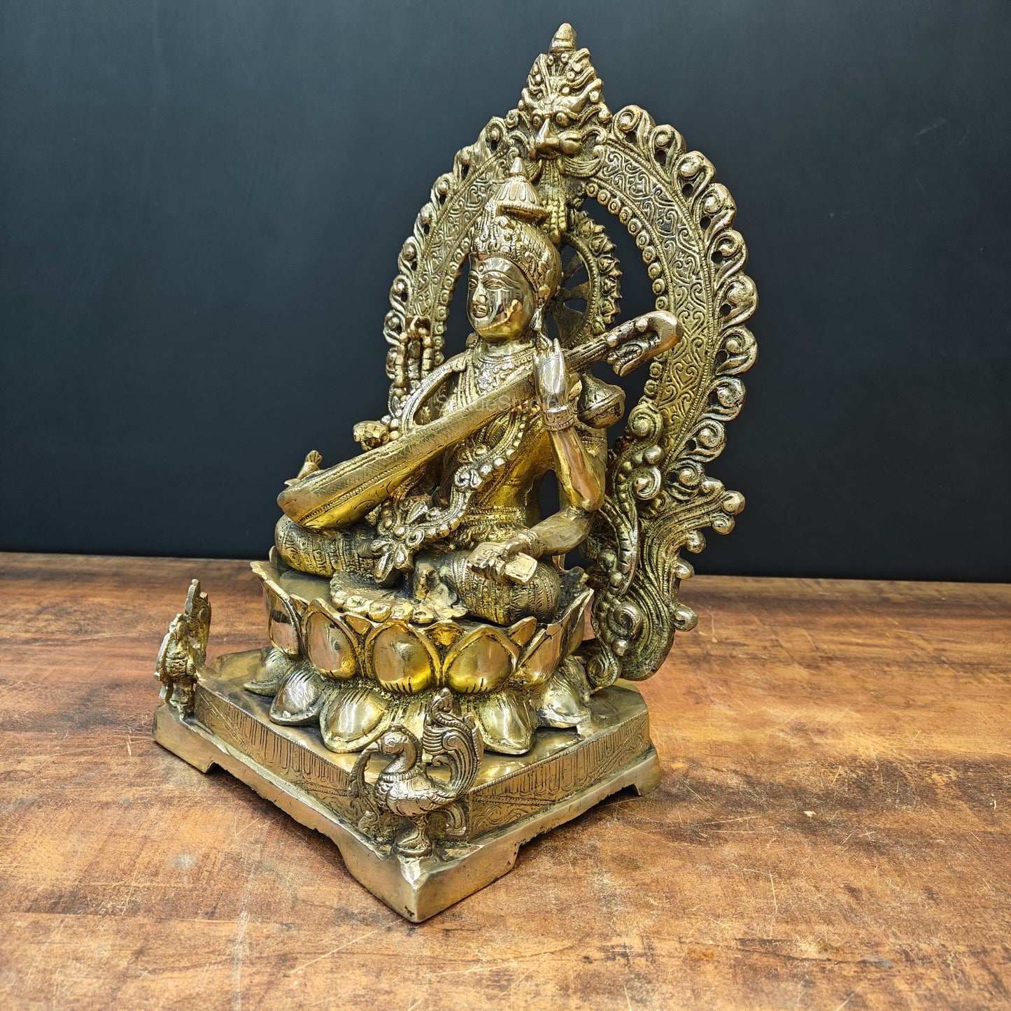 Brass Goddess Saraswati Idol Sitting On Lotus Pedastal 16 Inches