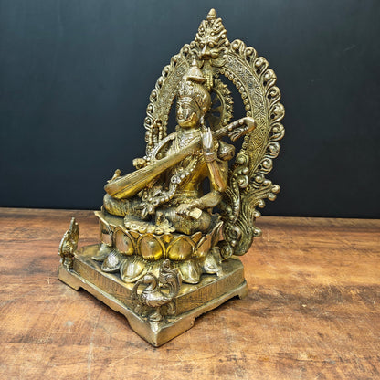 Brass Goddess Saraswati Idol Sitting On Lotus Pedastal 16 Inches by vendor-unknown - Hindu Gods (View 7)