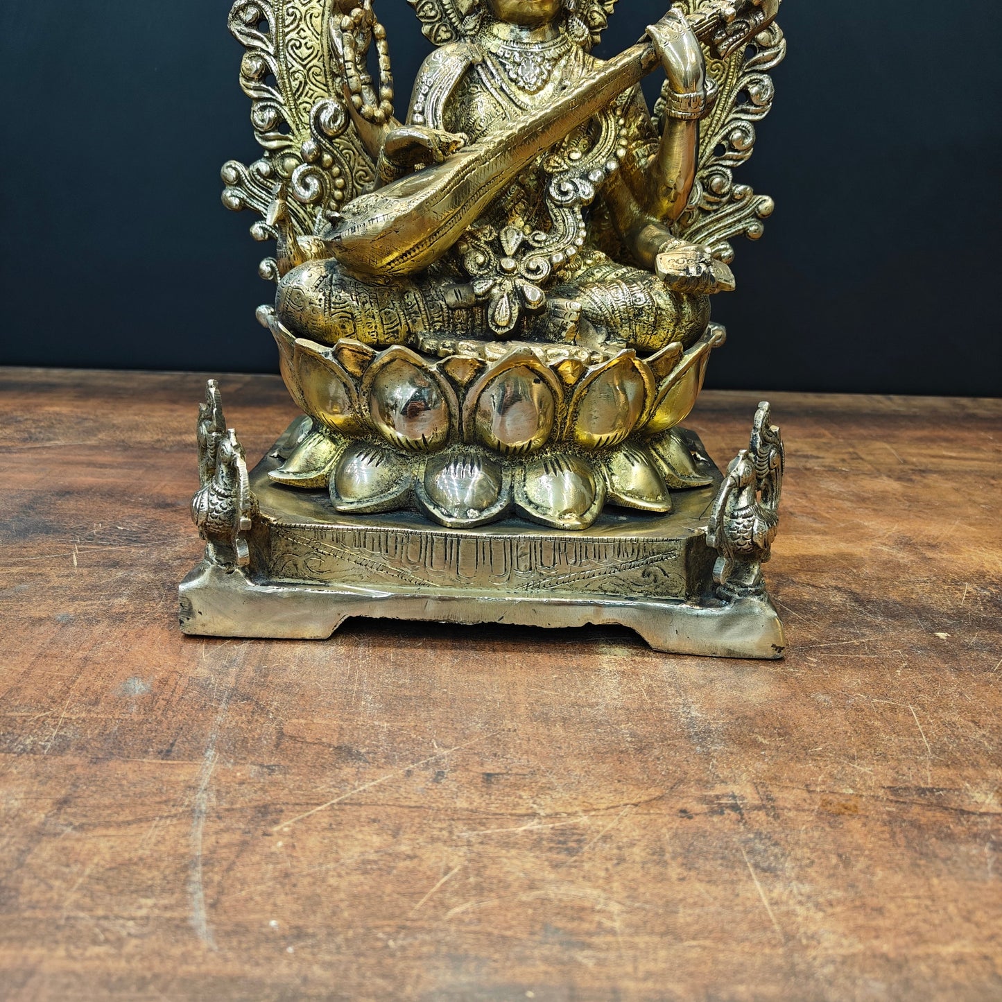 Brass Goddess Saraswati Idol Sitting On Lotus Pedastal 16 Inches