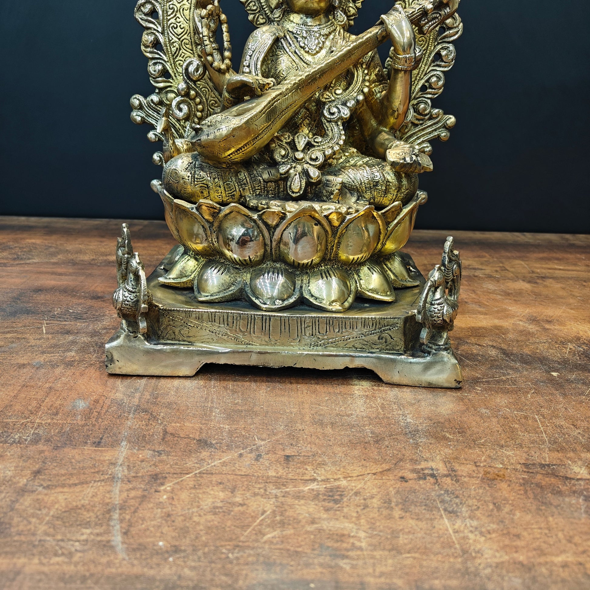 Brass Goddess Saraswati Idol Sitting On Lotus Pedastal 16 Inches - Image 8