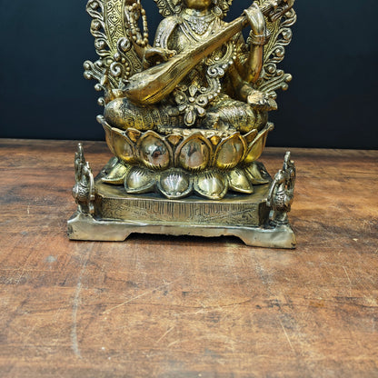 Brass Goddess Saraswati Idol Sitting On Lotus Pedastal 16 Inches by vendor-unknown - Hindu Gods (View 8)