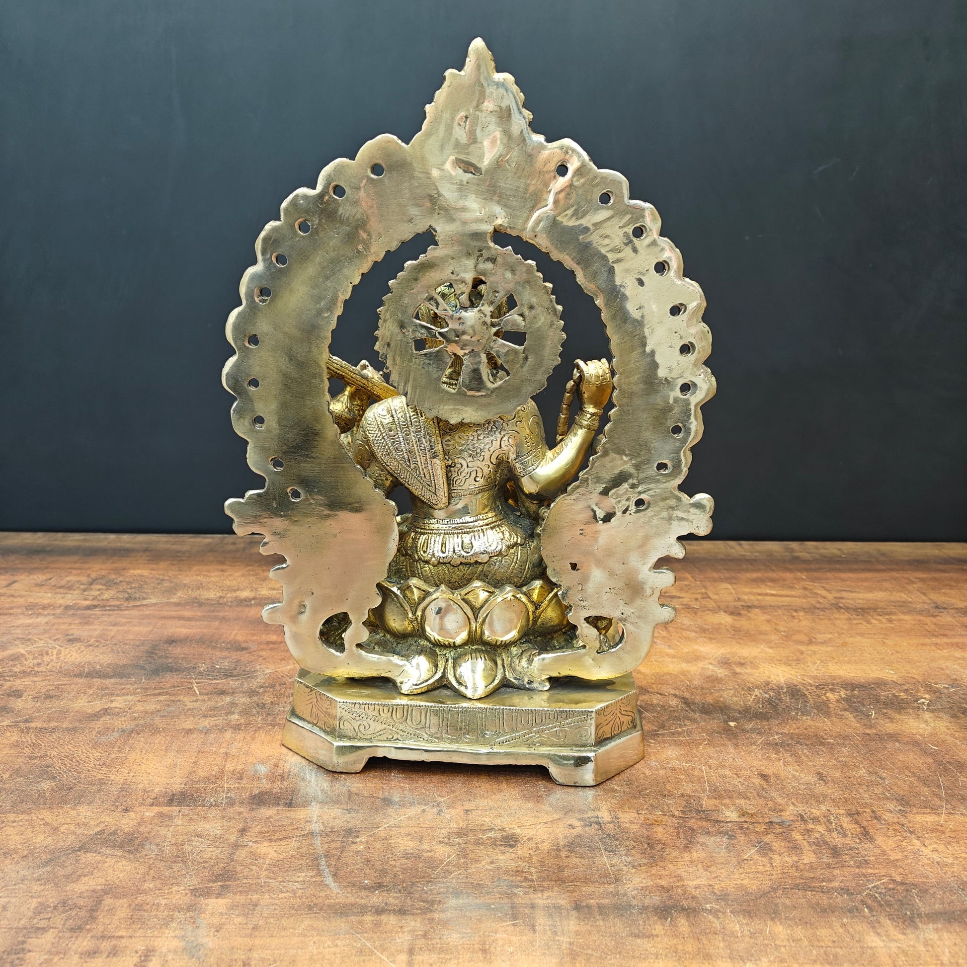 Brass Goddess Saraswati Idol Sitting On Lotus Pedastal 16 Inches - Image 9