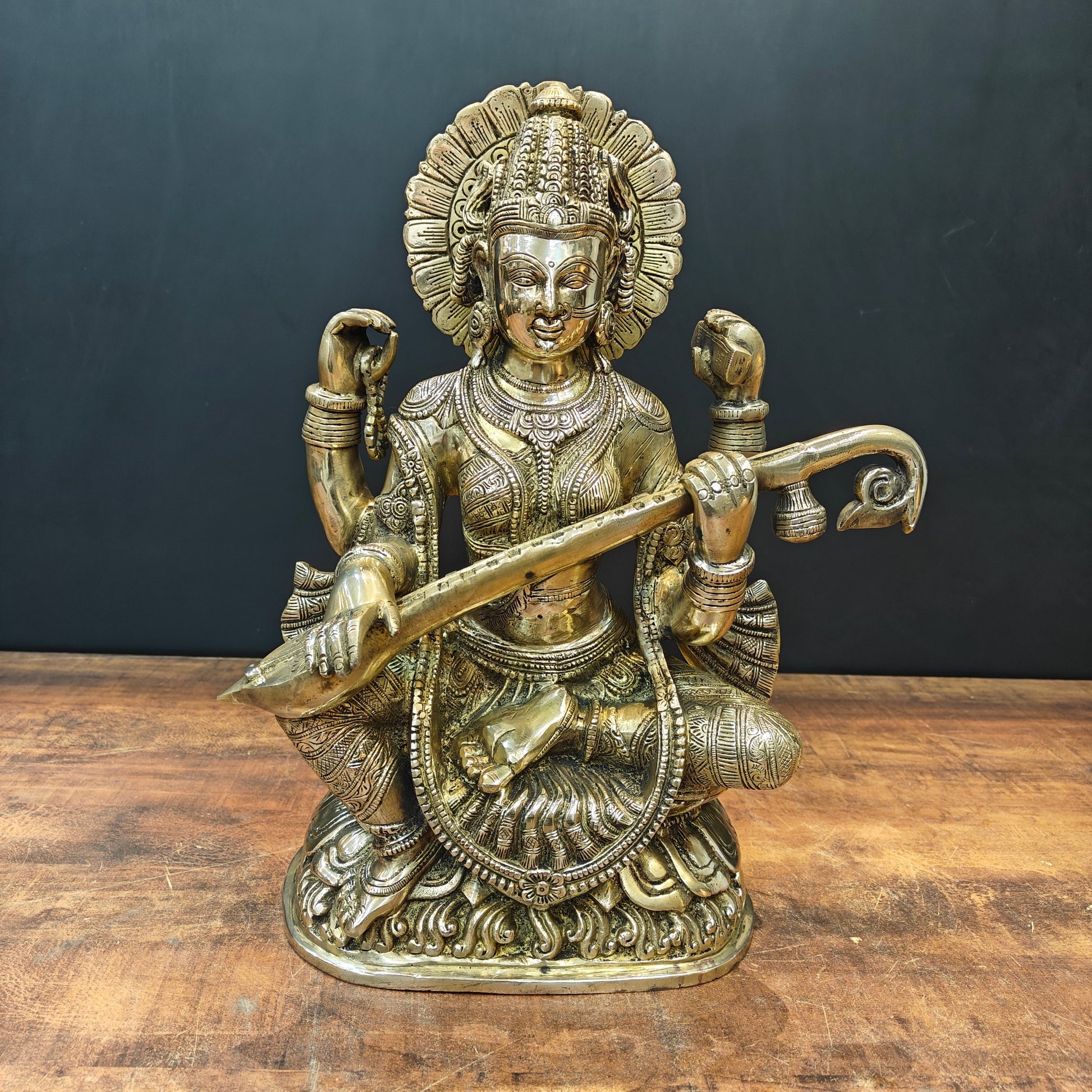 Brass Goddess Saraswati Statue Playing Veena 16 Inch - Image 3