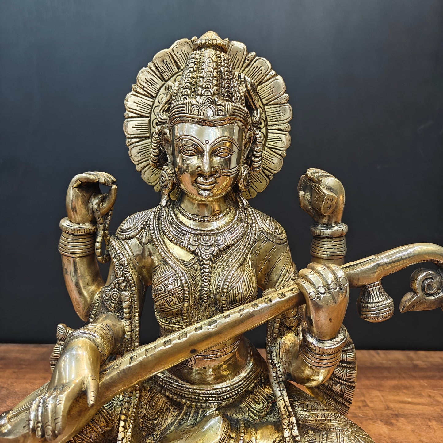Brass Goddess Saraswati Statue Playing Veena 16 Inch