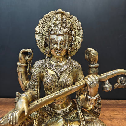 Brass Goddess Saraswati Statue Playing Veena 16 Inch by vendor-unknown - Hindu Gods (View 2)