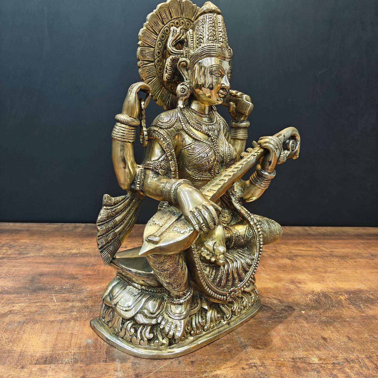 Brass Goddess Saraswati Statue Playing Veena 16 Inch