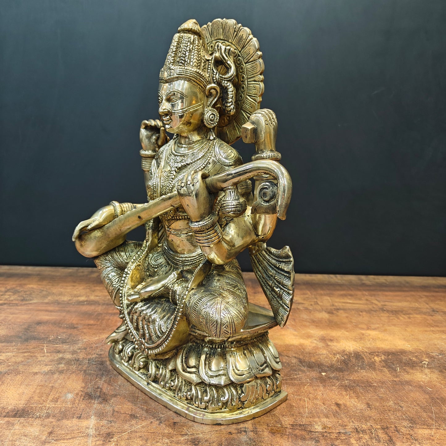 Brass Goddess Saraswati Statue Playing Veena 16 Inch