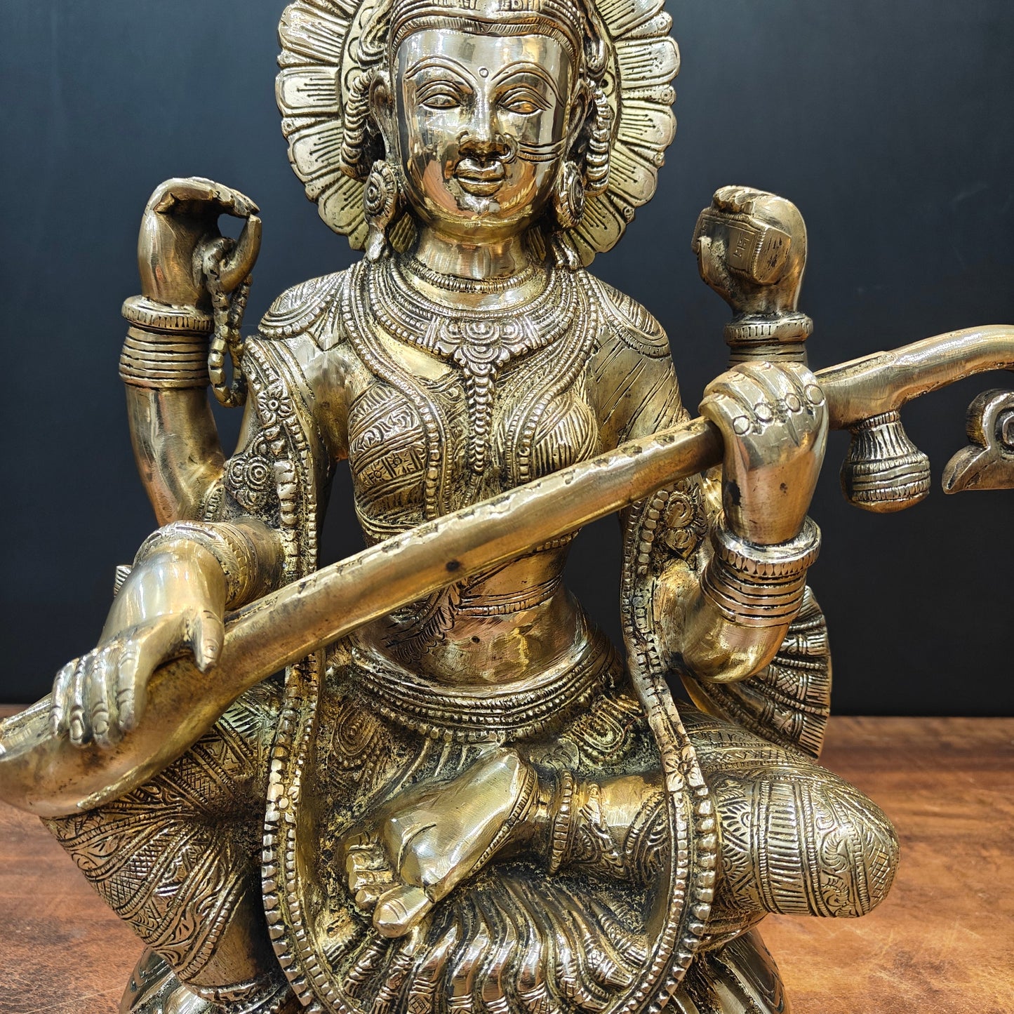 Brass Goddess Saraswati Statue Playing Veena 16 Inch