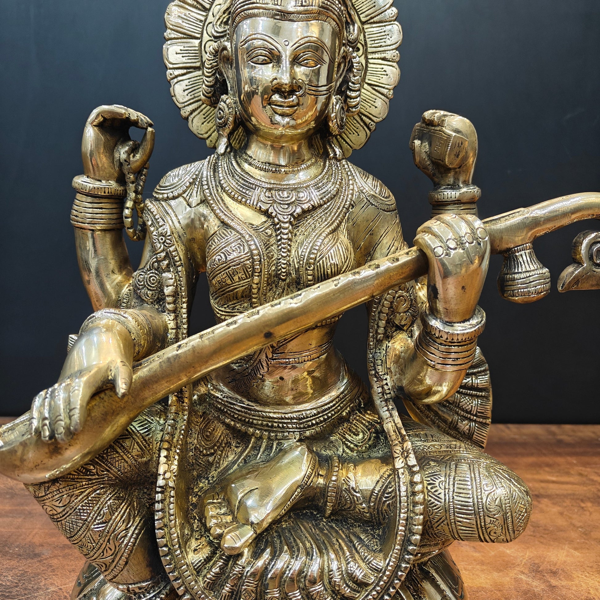 Brass Goddess Saraswati Statue Playing Veena 16 Inch - Image 6