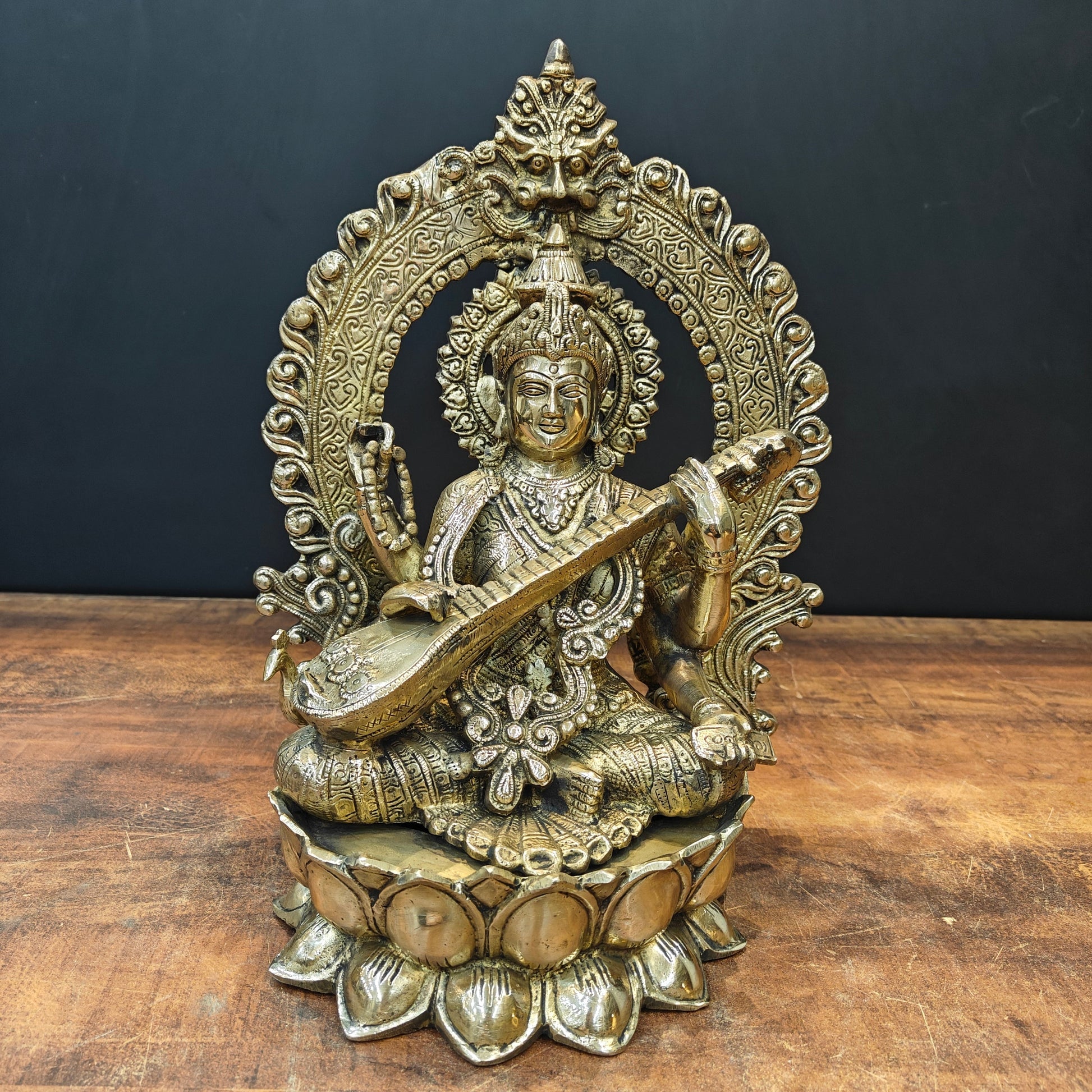 Brass Goddess Saraswati Idol Seated On Lotus 14 Inch - Image 3