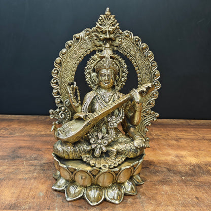 Brass Goddess Saraswati Idol Seated On Lotus 14 Inch by vendor-unknown - Hindu Gods (View 3)