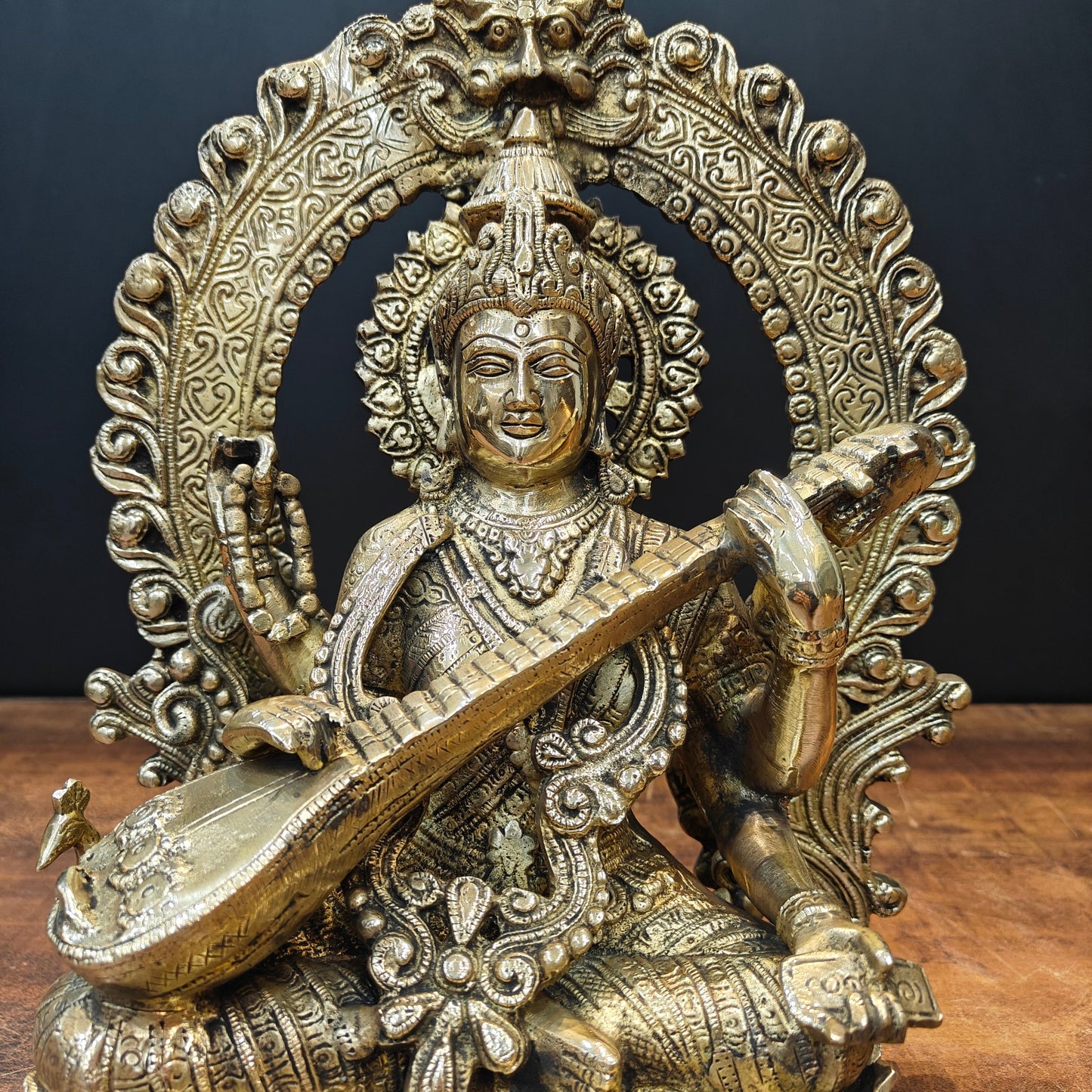 Brass Goddess Saraswati Idol Seated On Lotus 14 Inch