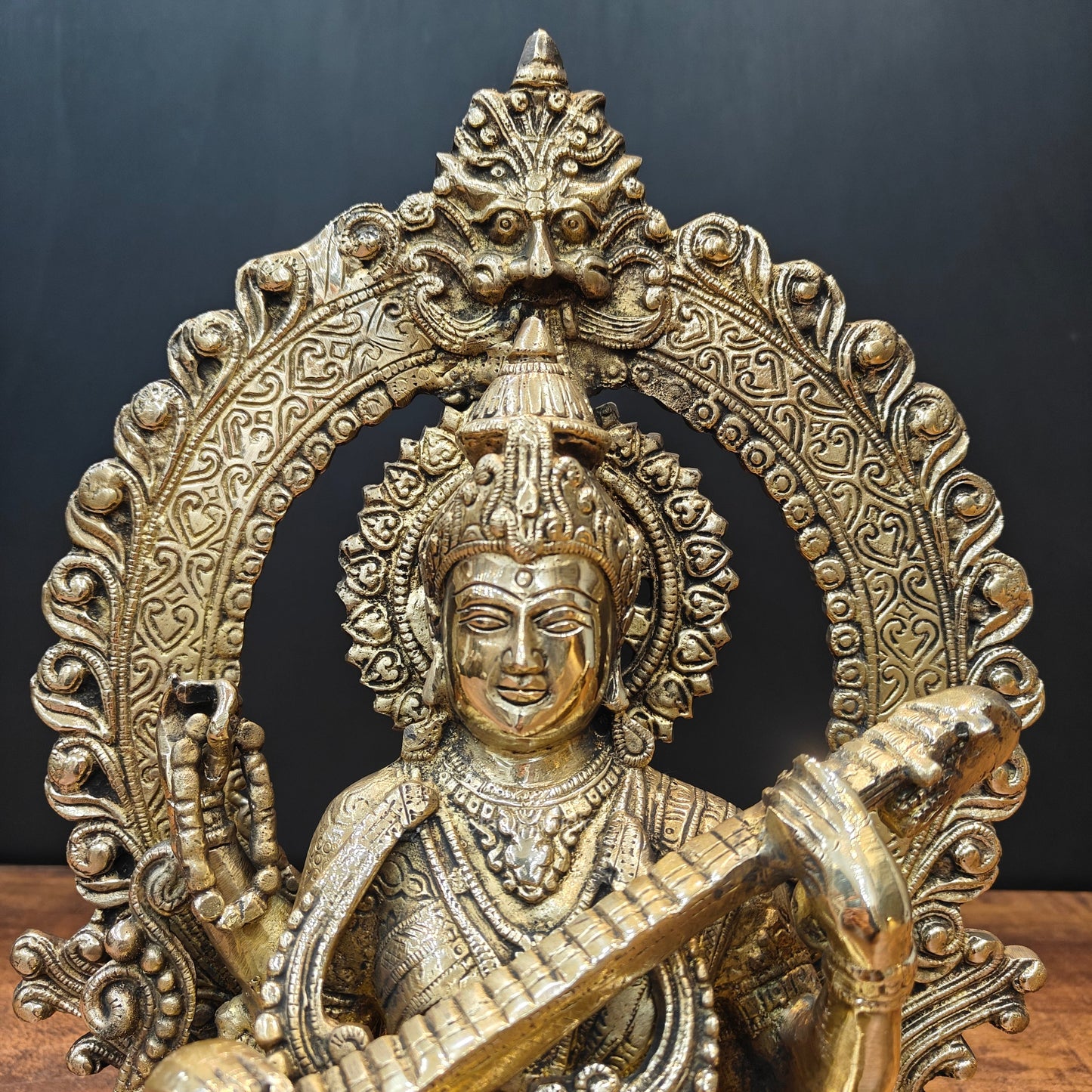 Brass Goddess Saraswati Idol Seated On Lotus 14 Inch