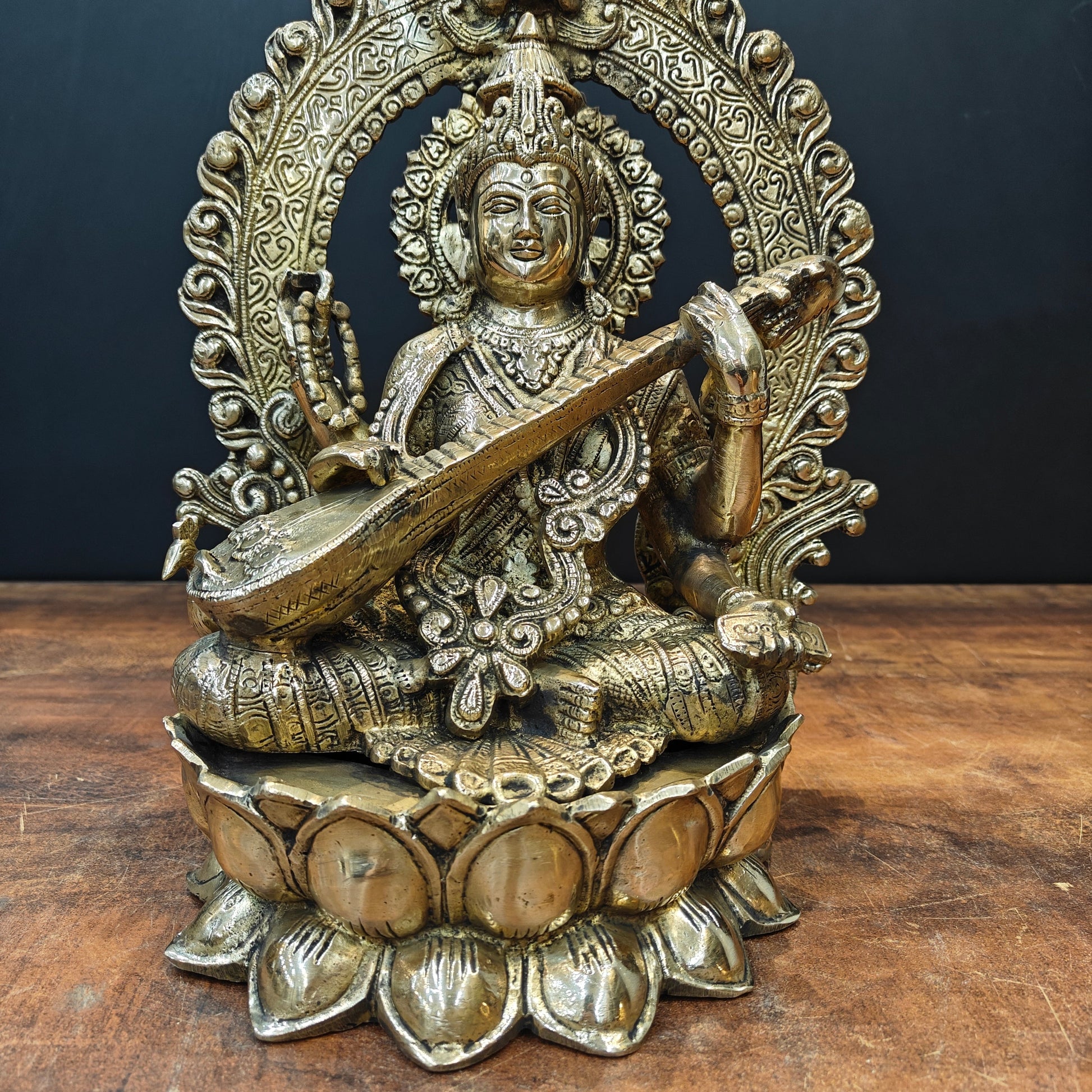 Brass Goddess Saraswati Idol Seated On Lotus 14 Inch - Image 5