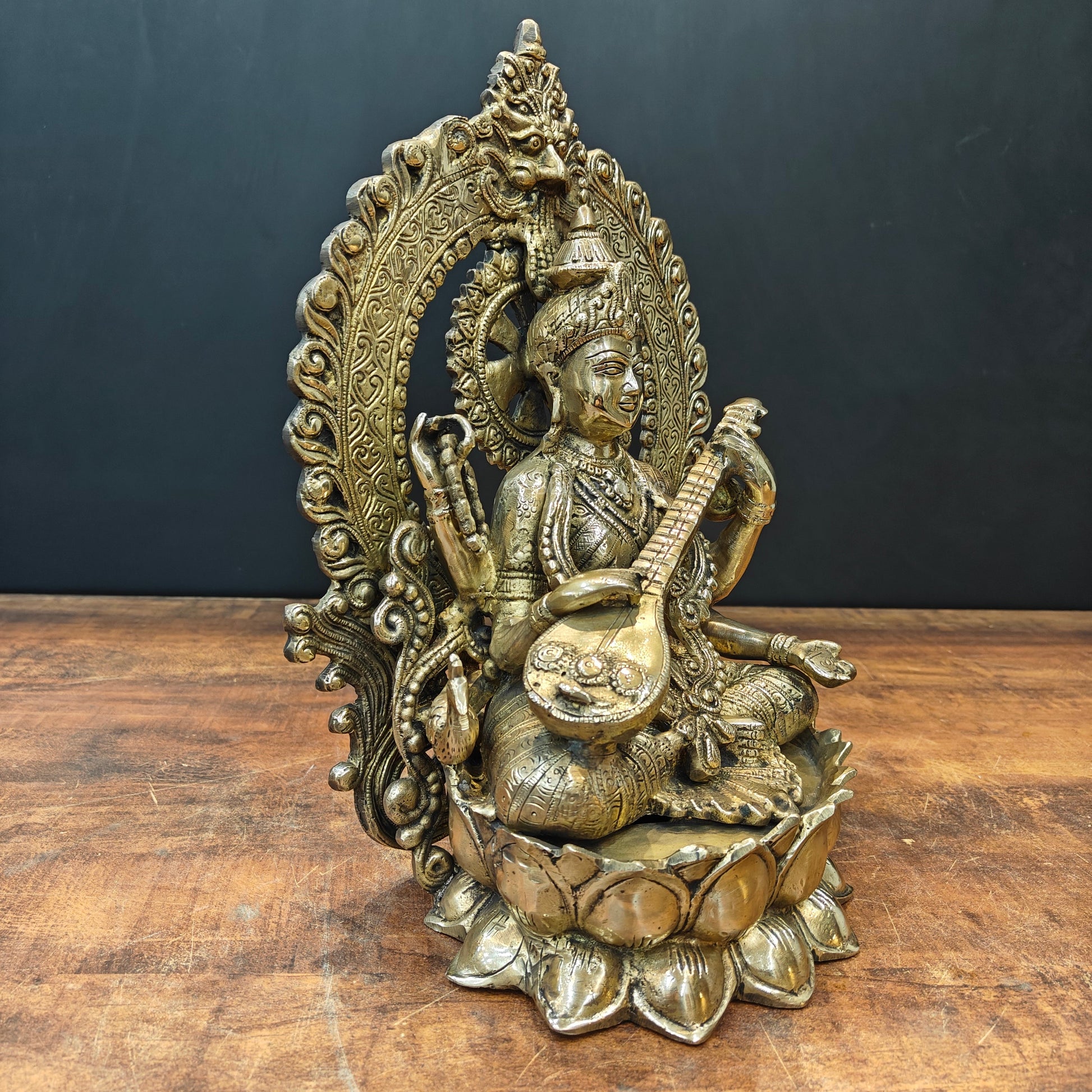 Brass Goddess Saraswati Idol Seated On Lotus 14 Inch - Image 6