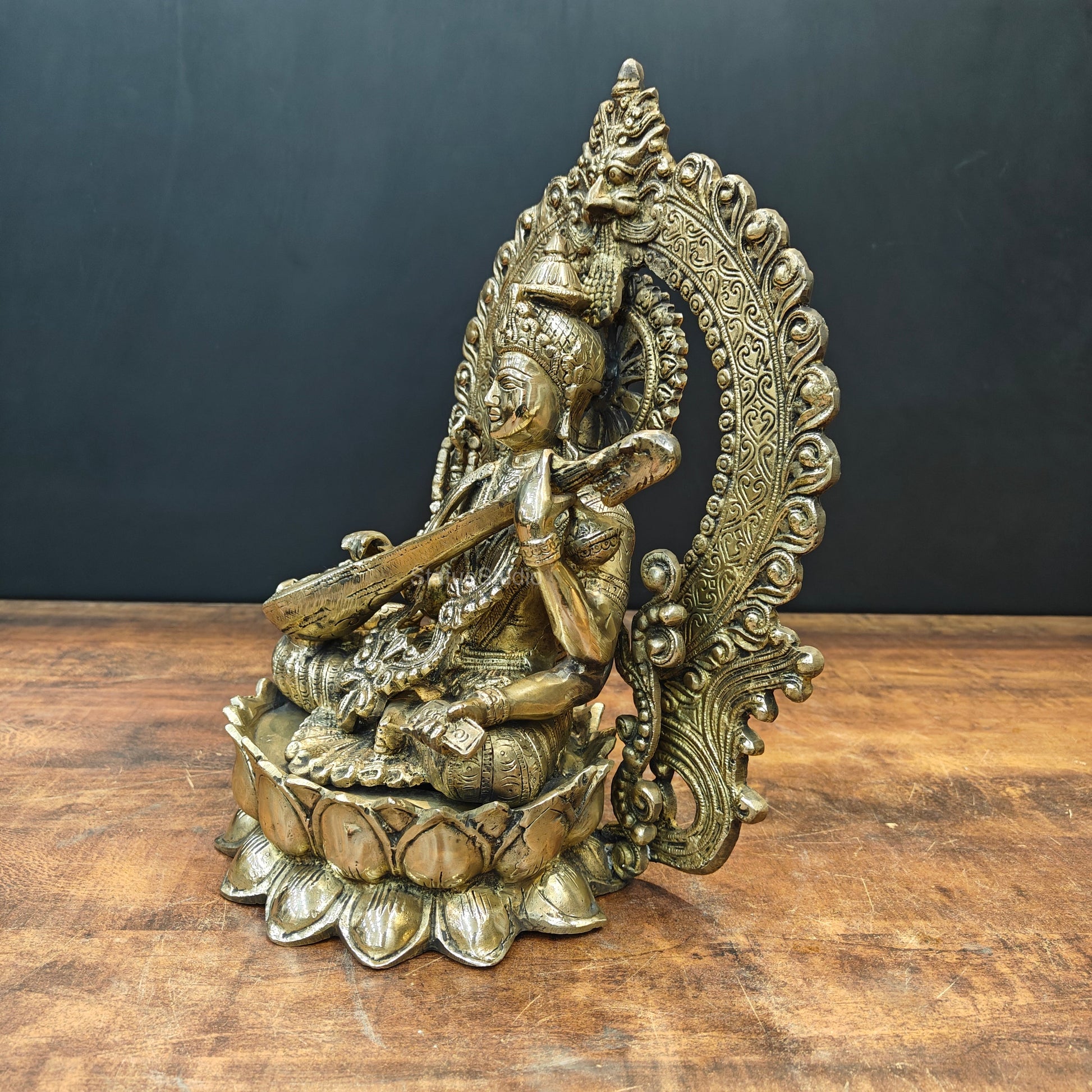 Brass Goddess Saraswati Idol Seated On Lotus 14 Inch - Image 7