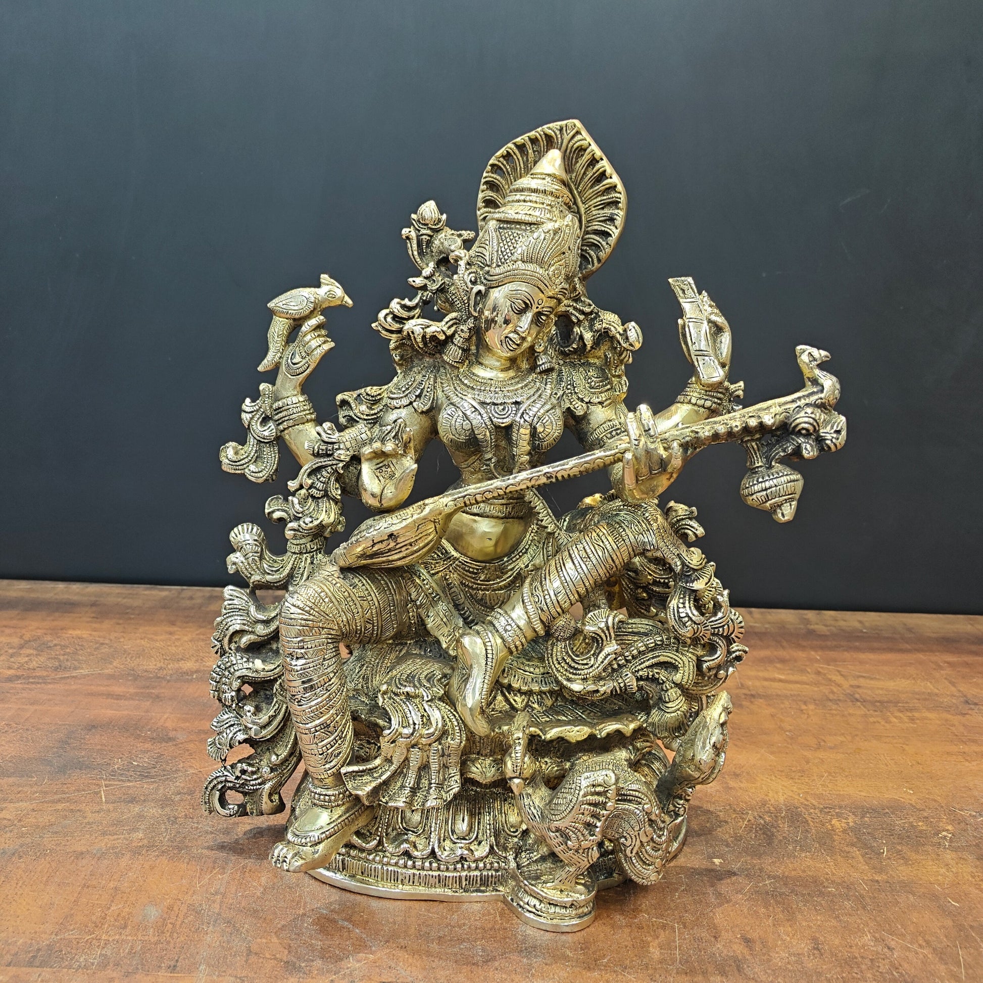 Brass Goddess Saraswati Idol Divine Sculpture 16 Inches - Image 5