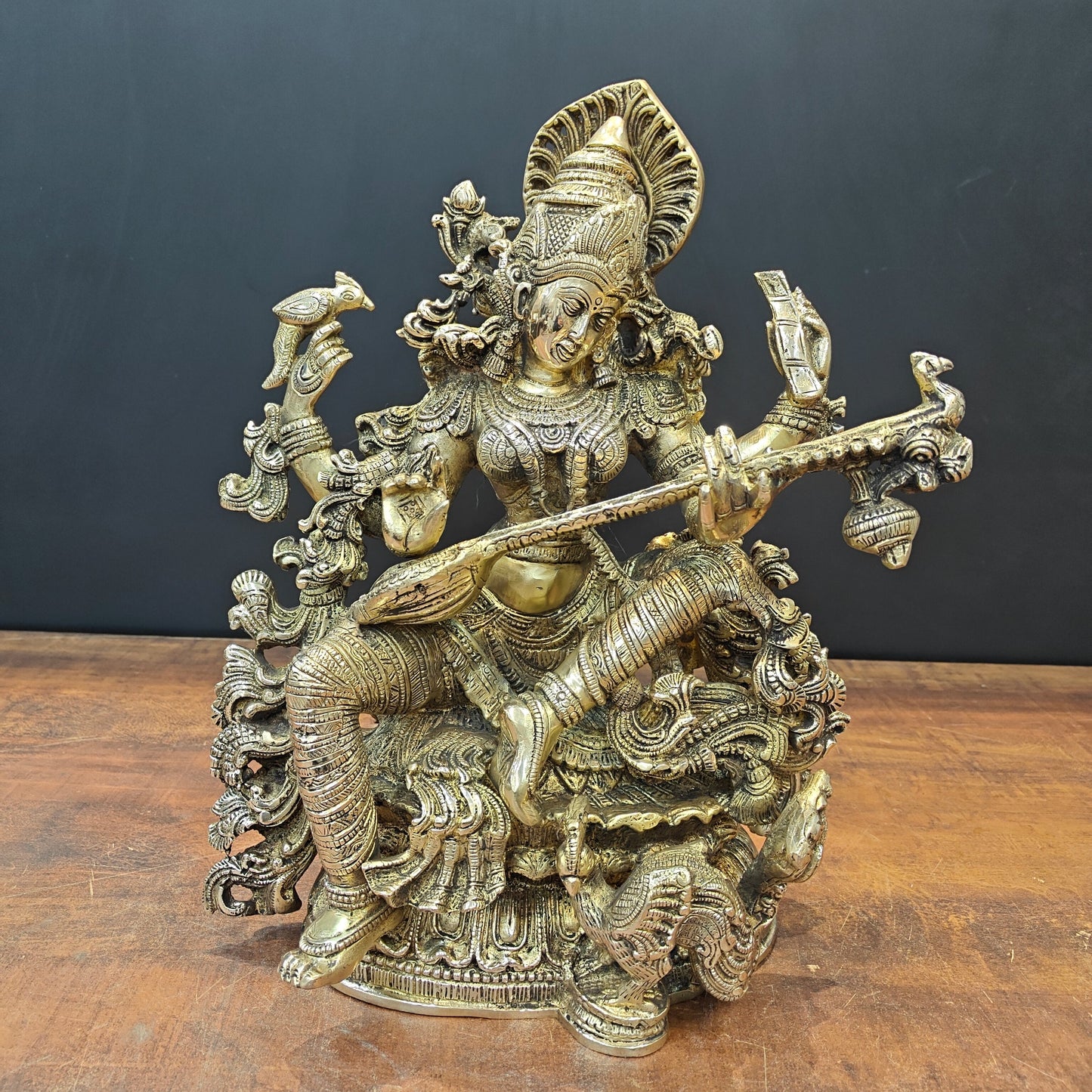 Brass Goddess Saraswati Idol Divine Sculpture 16 Inches