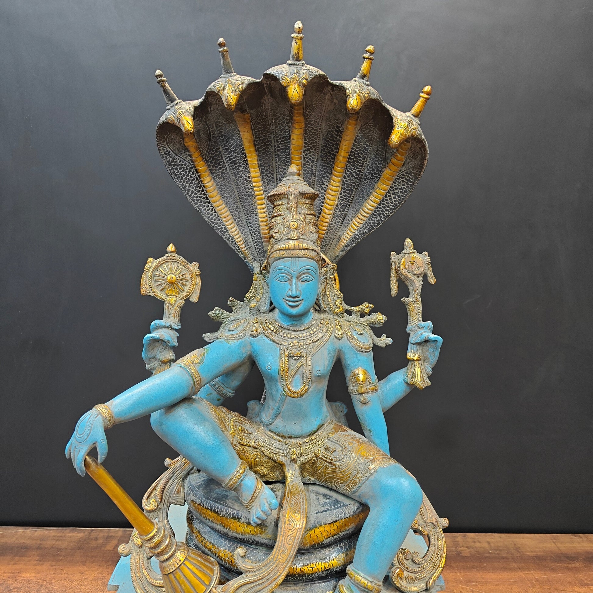 Brass Large Exclusive Vishnu Idol Seated on Sheshnaag Antique Finish 2.5 Feet - Image 2