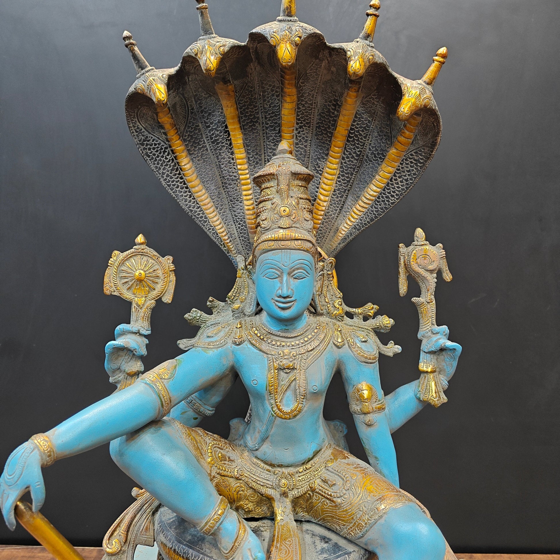 Brass Large Exclusive Vishnu Idol Seated on Sheshnaag Antique Finish 2.5 Feet - Image 6