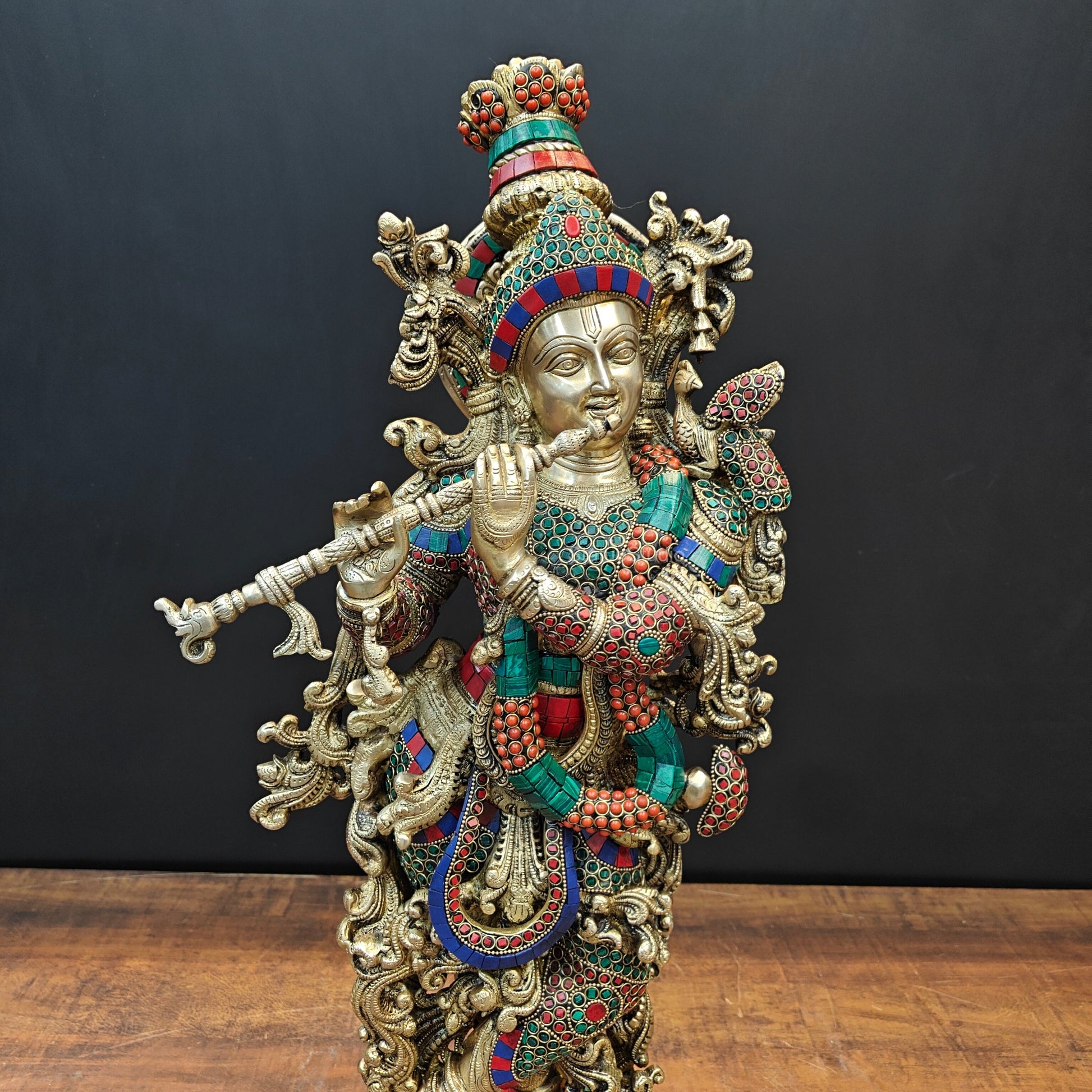 Brass Lord Krishna Statue With Stone Work 27 Inches - Image 2
