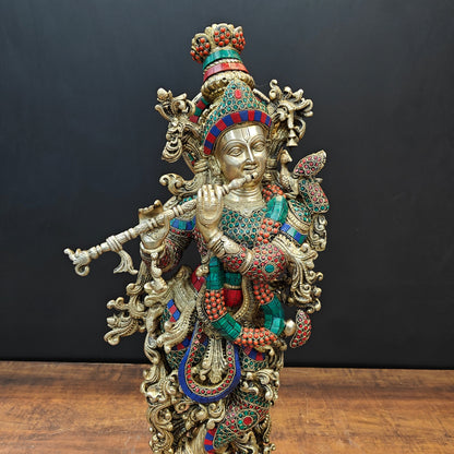Brass Lord Krishna Statue With Stone Work 27 Inches by vendor-unknown - Hindu Gods (View 2)