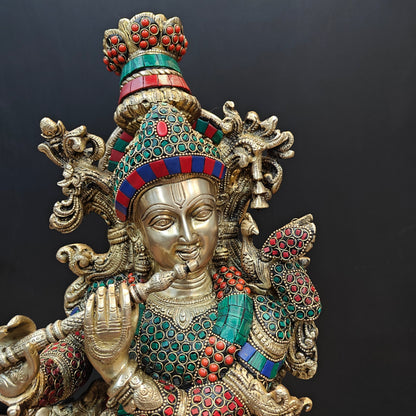 Brass Lord Krishna Statue With Stone Work 27 Inches by vendor-unknown - Hindu Gods (View 3)