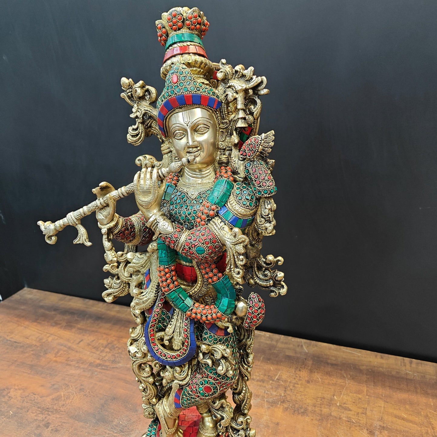 Brass Lord Krishna Statue With Stone Work 27 Inches