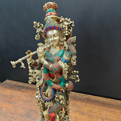 Brass Lord Krishna Statue With Stone Work 27 Inches by vendor-unknown - Hindu Gods (View 5)