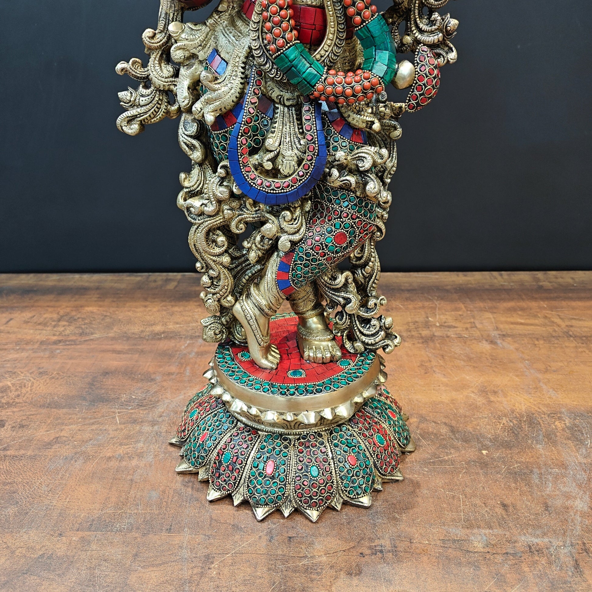 Brass Lord Krishna Statue With Stone Work 27 Inches - Image 6
