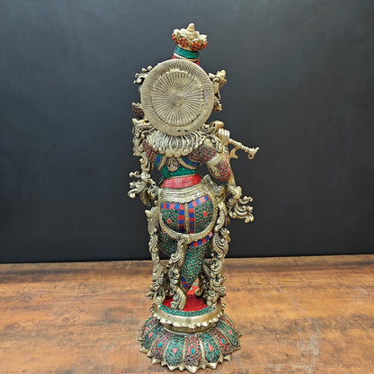 Brass Lord Krishna Statue With Stone Work 27 Inches by vendor-unknown - Hindu Gods (View 7)