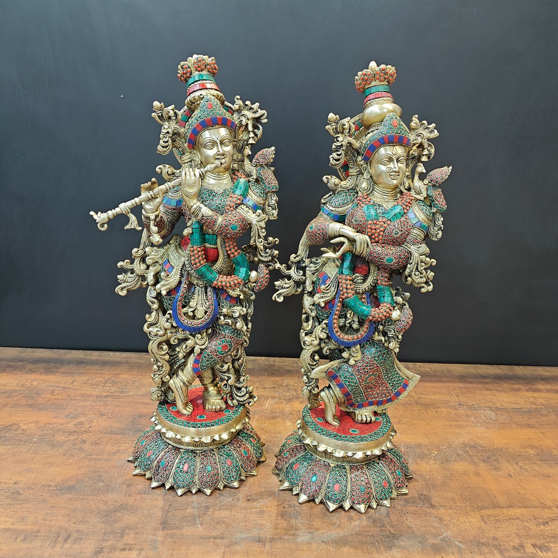 Brass Radha Krishna Idols with Lotus Base Stone Work 27 Inches - Image 3