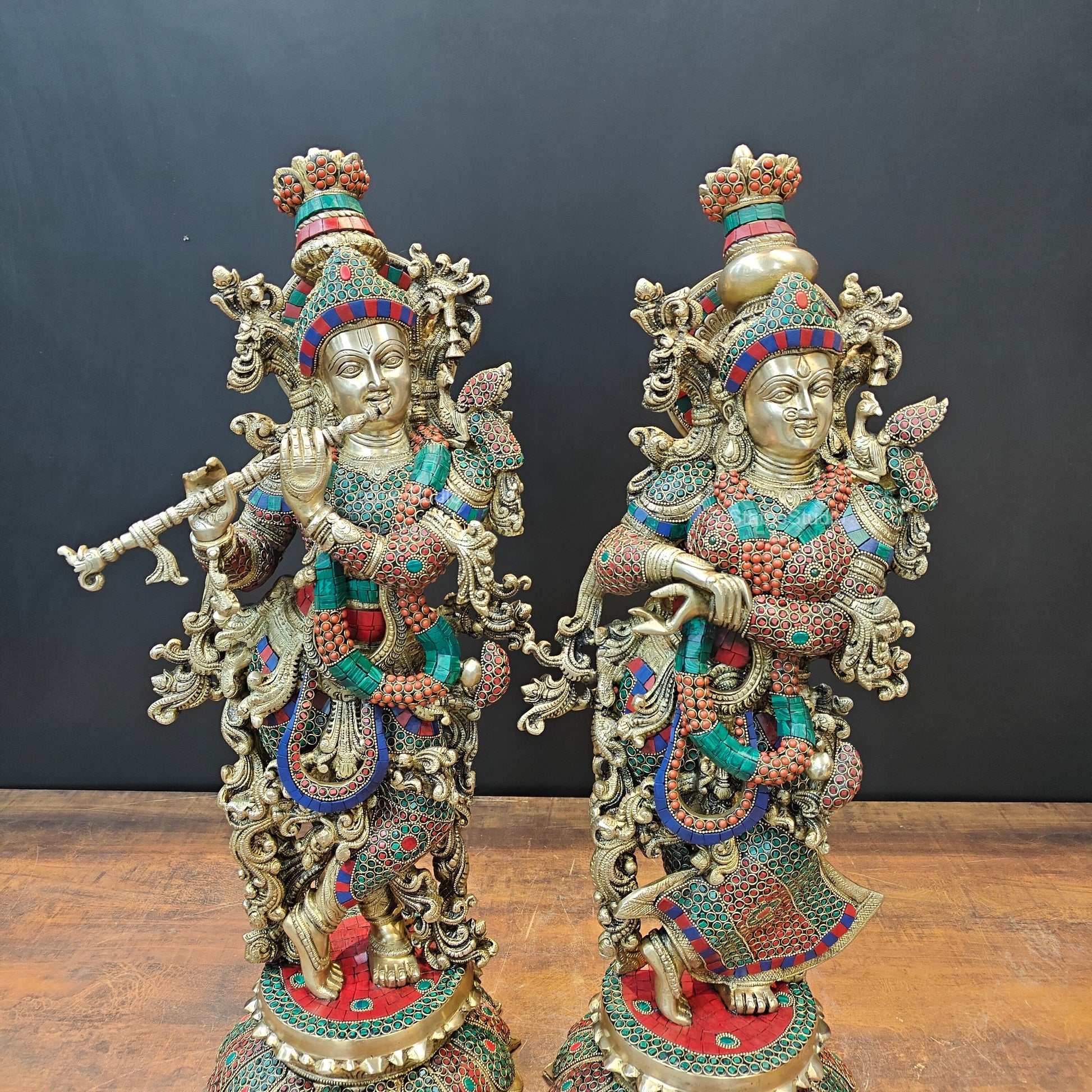 Brass Radha Krishna Idols with Lotus Base Stone Work 27 Inches - Image 4