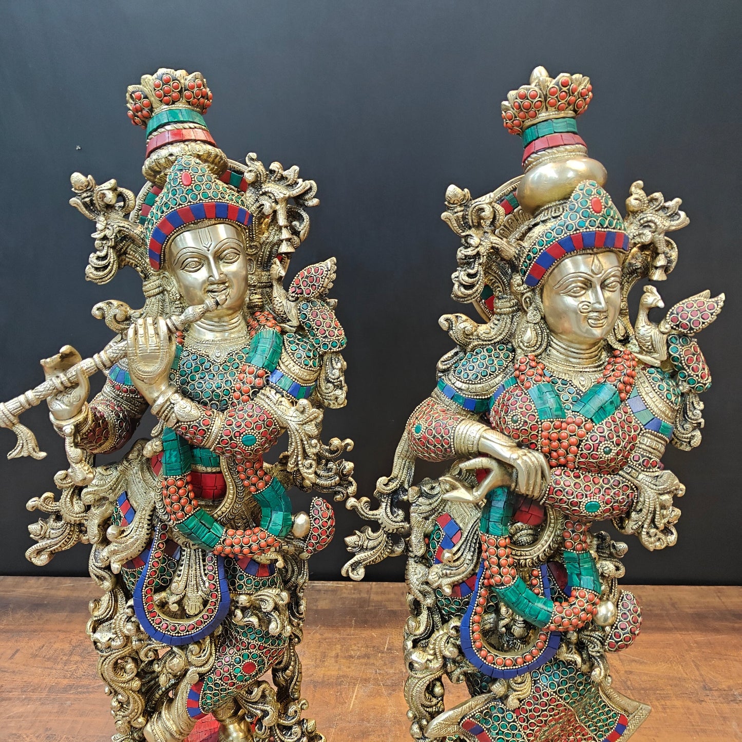 Brass Radha Krishna Idols with Lotus Base Stone Work 27 Inches